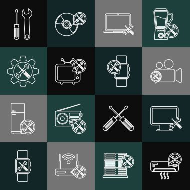 Hat Klima Servis Bilgisayarı Video Kamera Laptop TV Wrench ve Vites Vites Vites Tornavida Anahtarı ve Smartwatch simgesini görüntüle. Vektör.