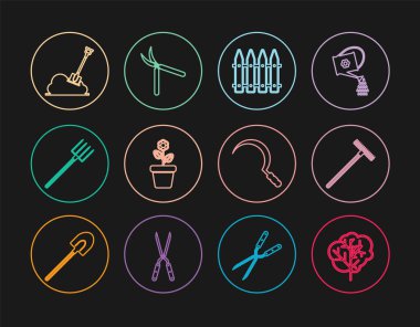 Ağaç Bahçesi çitlerini çitle çitle çitle çelenk yabayla kürekle Orak ve Bahçe Yapımı el yapımı makas ikonu. Vektör.