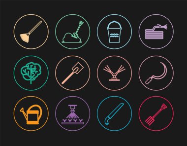 Yabalı tırmık kovası tırmık ağacı tırmığı otomatik sulama fıskiyelerini bırakır ve yer ikonunu kürekler. Vektör.