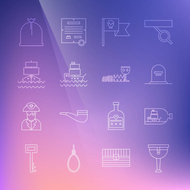 Tahta korsan bacağı şişesinde gemi ve Tombstone RIP yazılı Korsan bayrak kafatası çuvalı, hazine ve zenginlik simgesi. Vektör.