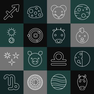 Horoz Fare Güneş Sistemi Gündönümü Yay ve Öküz ikonu Horoz Zodyak Tutulması 'nı ayarlayın. Vektör.