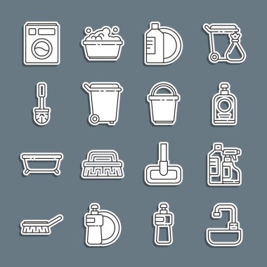 Temizlik malzemesi El dezenfektanı şişesi, bulaşık deterjanı, bulaşık deterjanı, çöp tenekesi fırçası ve kova ikonu için çamaşır leğeni koyun. Vektör.