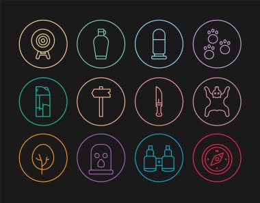 Pusula Ayı derisi kurşun yolu trafik levhası Hafif Hedef Avcı bıçağı ve kantin su şişesi ikonu. Vektör.