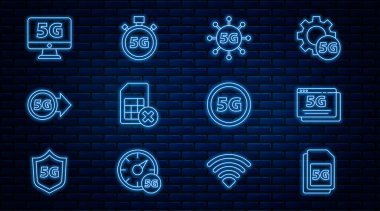 Satır 5G Sim Card ağ kartı ile Dijital hız ölçer simgesi ile Monitör reddedildi. Vektör.