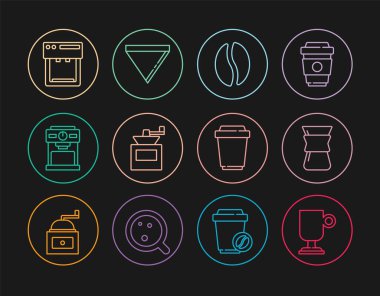 İrlanda kahvesini kahve makinesinin üzerine dök. Kahve çekirdekleri öğütücü bardak kağıt filtre ikonu olsun. Vektör.