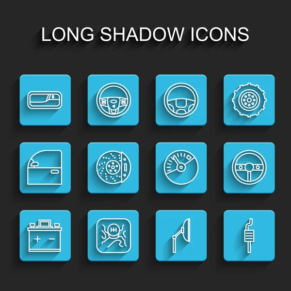 設定ライン車のバッテリーギアシフタードアハンドルキャリパーステアリングホイールとスピードメーターアイコンとWindscreenワイパーマフラーブレーキディスク ベクトル — ストックベクタ