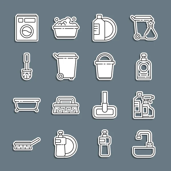 Temizlik malzemesi El dezenfektanı şişesi, bulaşık deterjanı, bulaşık deterjanı, çöp tenekesi fırçası ve kova ikonu için çamaşır leğeni koyun. Vektör.