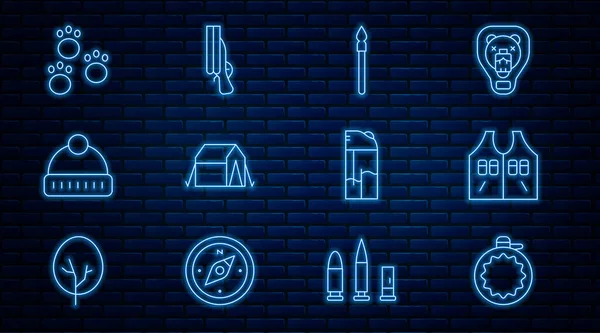 Kantin su şişesi av ceketi ortaçağ turist çadırı kış şapkası Paw yazıcı çakmak ve av tüfeği ikonu. Vektör.