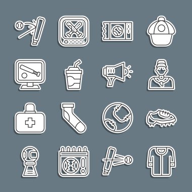 Beyzbol tişörtü bot koçu, kağıt bardak, su monitörü beyzbol sopası ve Megaphone ikonu. Vektör.