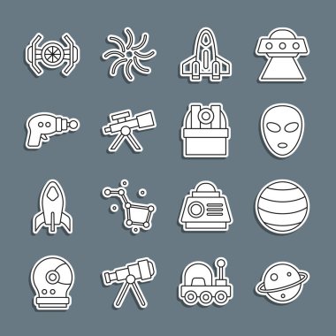 Satürn Gezegeni Uzaylı Roket gemisi Teleskop ışın silahı Kozmik ve Astronomik Gözlemevi ikonu. Vektör.