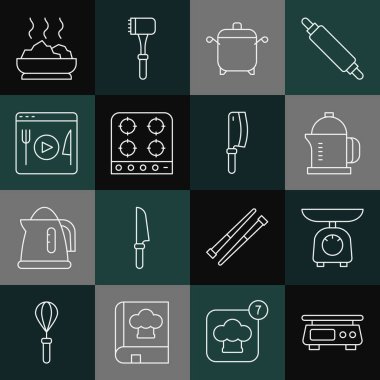 Elektronik ölçekler, Fransız baskılı tencere gazlı fırın sıcak çorba ve et helikopteri ikonunun canlı yayını. Vektör.