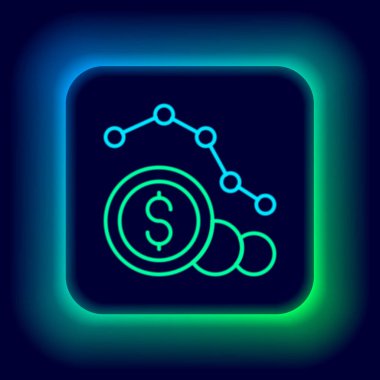 Parlayan neon hattı dolar oranı siyah arkaplanda izole edilmiş simgeyi azaltır. Maliyet düşüşü. Aşağı ok ile para sembolü. İş kaybı kriz azalıyor. Renkli taslak konsepti. Vektör