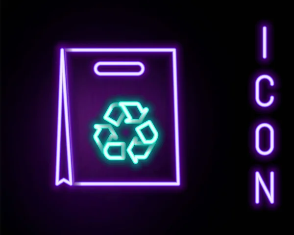 Lumineux Néon Ligne Sac Provisions Papier Avec Icône Recyclage Isolé — Image vectorielle