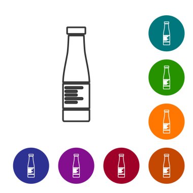 Siyah çizgili sos şişesi ikonu beyaz arka planda izole edilmiş. Ketçap, hardal ve fast food için soslu mayonez şişeleri. Simgeleri renk daire düğmelerine ayarla. Vektör..