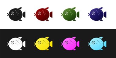 Kirpi balığı simgesini siyah beyaz arkaplanda izole et. Fugu balığı Japon kirpi balığı. Vektör..