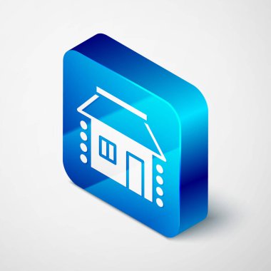 Isometric Old Ukrainian house hut icon isolated on grey background. Traditional village house. Blue square button. Vector.