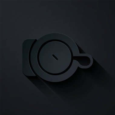 Kağıt kesikli bisiklet çanı simgesi siyah arkaplanda izole edildi. Kağıt sanatı tarzı. Vektör.