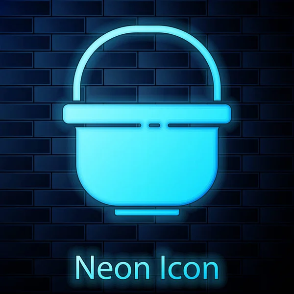 Žhnoucí Neon Kempování Pot Ikona Izolované Cihlové Zdi Pozadí Vařit — Stockový vektor