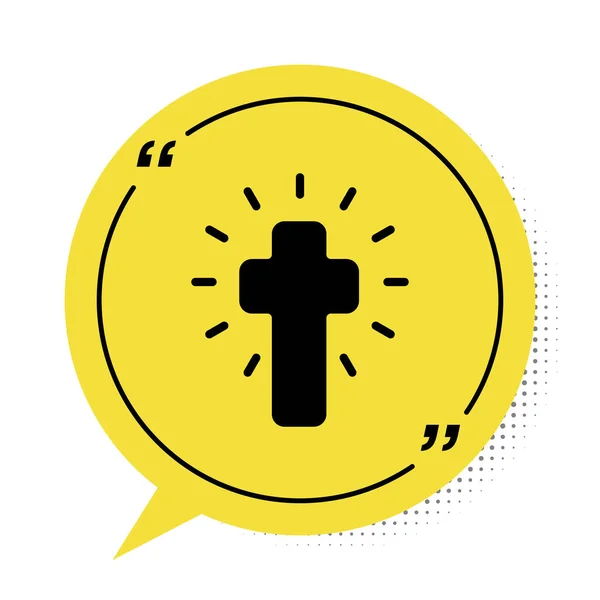 Zwart Christelijk Kruis Pictogram Geïsoleerd Witte Achtergrond Kerkkruis Gele Spraakbel — Stockvector