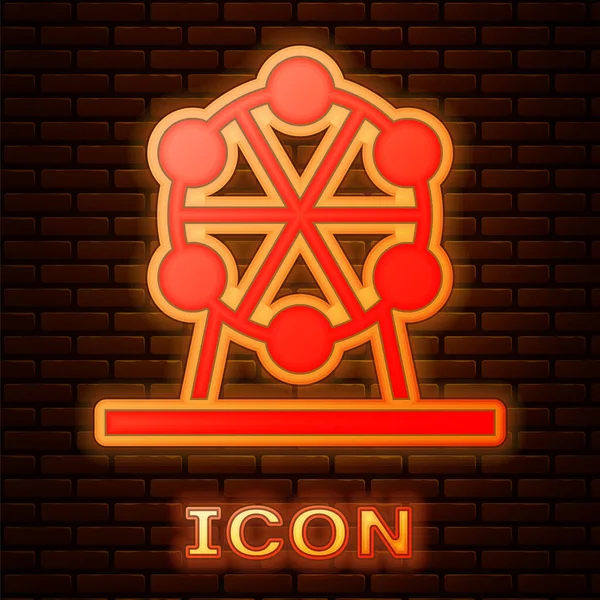 Parlayan neon dönme dolap simgesi tuğla duvar arkasında izole edilmiş. Eğlence parkı. Çocuklar için eğlence parkı, eğlence parkı. Vektör.