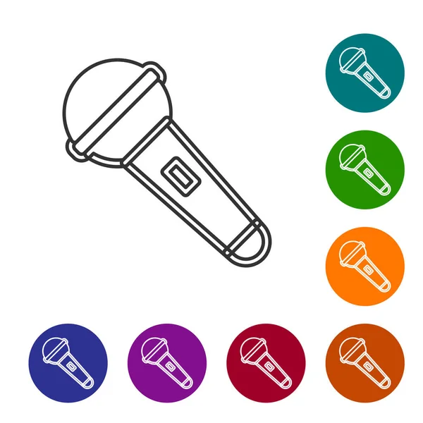 Siyah çizgi mikrofon simgesi beyaz arkaplanda izole edildi. Radyodaki mikrofondan. Sözcü işareti. Simgeleri renk daire düğmelerine ayarla. Vektör.