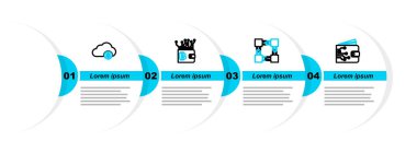 Kripto para birimi cüzdan engelleme teknolojisi ve bulut madenciliği ikonu ayarla. Vektör.