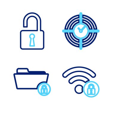 Wifi satırı, Dizin, Zaman Yönetimi ve Açık asma kilit simgesini kilitledi. Vektör.