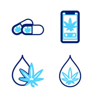 Marihuana ya da kenevir yaprağı yağı internetten ikonlu marihuana ve tıbbi haplar alıyor. Vektör.
