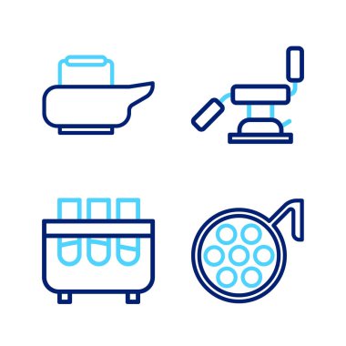 Ameliyat lambası test tüpü, matara, dişçi koltuğu ve lazımlık ikonu ayarlayın. Vektör.
