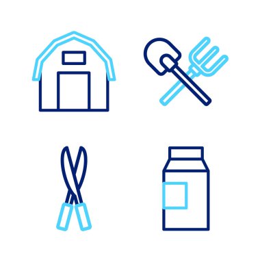 Süt, bahçe, el yapımı makas, kürek ve çiftlik evi ikonu için kağıt paketi hazırlayın. Vektör.