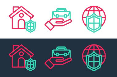 Dünya küresi House Shield ve Hand çanta ikonu ile hattı ayarlayın. Vektör.