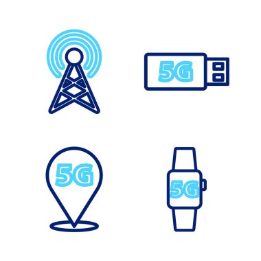 Akıllı saat 5G ağ konum modemi ve anten simgesini ayarla. Vektör.
