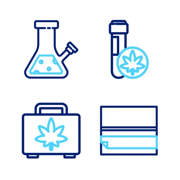 设置直线滚动纸购物箱的大麻化学试管与玻璃棒吸烟的大麻图标 — 图库矢量图片