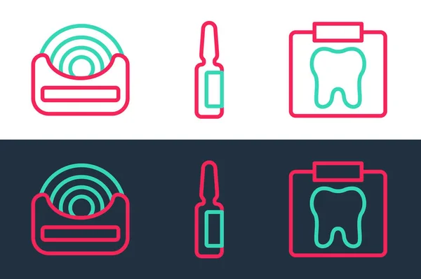 Set Line Ray Tooth Dental Floss Painkiller Tablet Icon Vector — Stock Vector