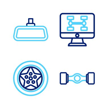 Chassis araba tekerleği teşhis ve ayna ikonunun çizgisini ayarla. Vektör.