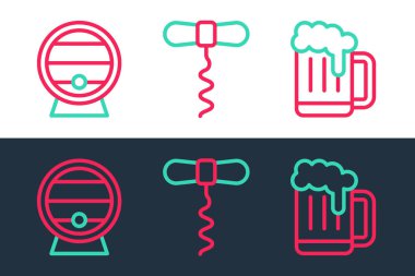 Ahşap bira bardağı fıçısını rafa ve şarap tirbuşonu simgesine yerleştir. Vektör.