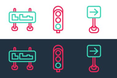 Trafik işaretini ayarla sağa dön trafik ve ışık simgesi. Vektör.