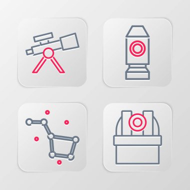 Çizgiyi Astronomik Gözlemevi Büyük Ayı takımyıldızı Roket gemisi ve Teleskop simgesi olarak ayarla. Vektör.