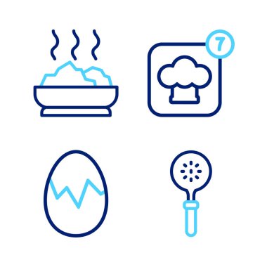 Spatula Kırık Yumurta Şefi şapkası ve bir kase sıcak çorba ikonu. Vektör.