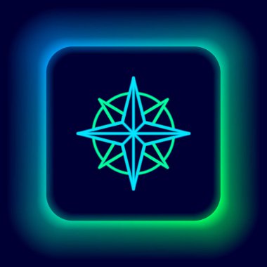 Parlayan neon çizgisi. Rüzgar simgesi siyah arkaplanda izole edilmiş. Seyahat için pusula simgesi. Navigasyon tasarımı. Renkli taslak konsepti. Vektör