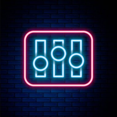 Parlayan neon hattı ses karıştırıcı simgesi tuğla duvar arka planında izole edildi. DJ ekipman kaydırma düğmeleri. Konsol karıştırılıyor. Renkli taslak konsepti. Vektör