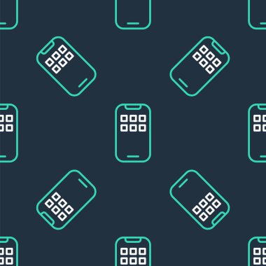 Satır Mobil Uygulamaları simgesi siyah arkaplanda izole edilmiş kusursuz desen. Ekran simgeli akıllı telefon, uygulamalar. Cep telefonu ekranı görünüyor. Vektör