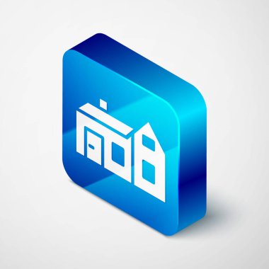 Gri arkaplanda Isometric House simgesi izole edildi. Ev sembolü. Mavi kare düğme. Vektör.