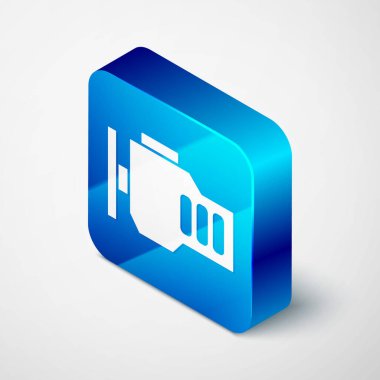 Gri arkaplanda Isometric motor simgesi izole edildi. Mavi kare düğme. Vektör.