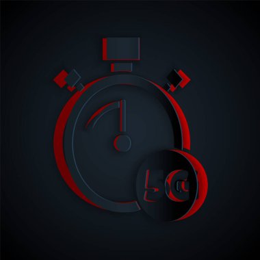 Siyah arkaplanda 5G simgesi olan kağıt kesimi dijital hız ölçer kavramı. Küresel ağ yüksek hızlı bağlantı veri oranı teknolojisi. Kağıt sanatı tarzı. Vektör.