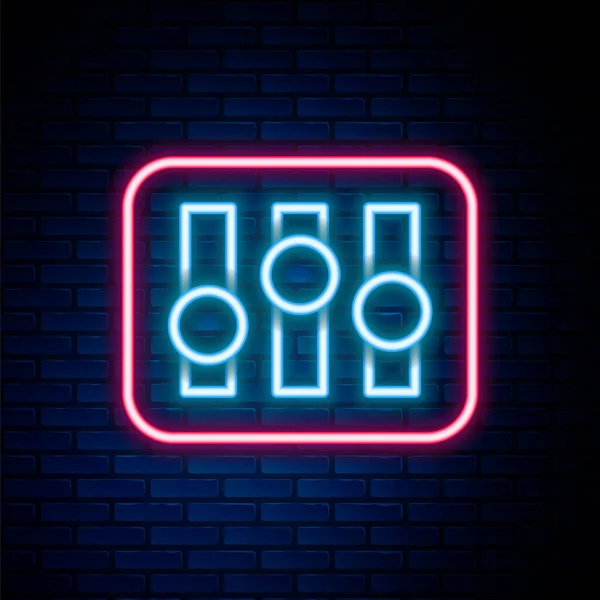 Glowing neon line Sound mixer controller icon isolated on brick wall background. Dj equipment slider buttons. Mixing console. Colorful outline concept. Vector