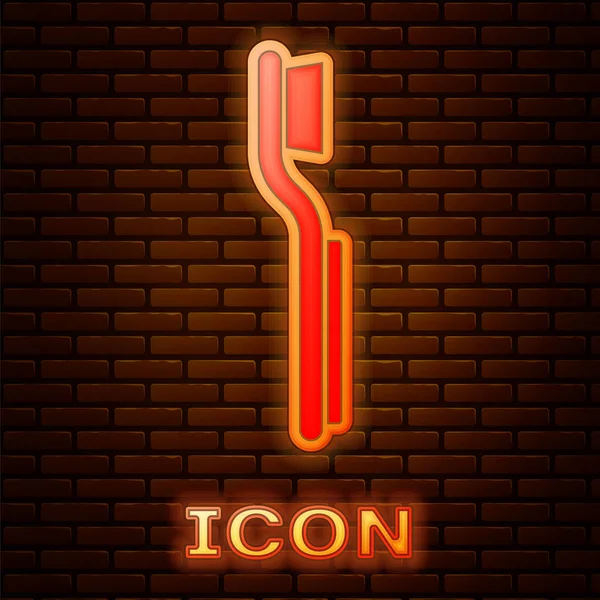Işıldayan neon diş fırçası simgesi tuğla duvar arkasında izole edilmiş. Vektör.