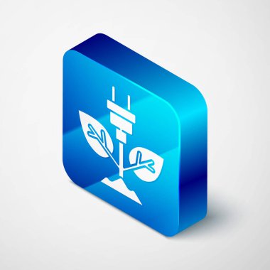 Yaprak simgesindeki Isometric Electric kayıt prizi gri arkaplanda izole edildi. Elektrik tasarrufu. Çevresel koruma. Biyolojik enerji. Mavi kare düğme. Vektör.