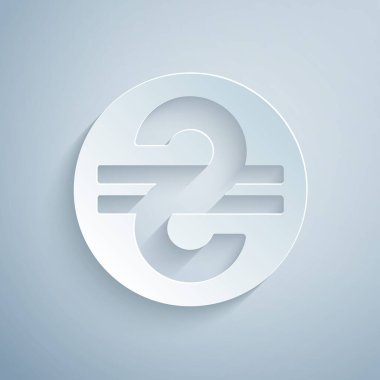 Kağıt kesiği, gri arkaplanda izole edilmiş Ukrayna Hryvnia simgesi. Kağıt sanatı tarzı. Vektör.
