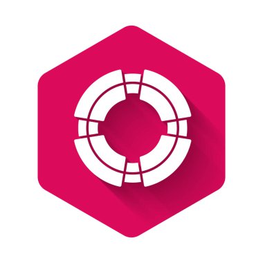 Beyaz İş Şamandırası simgesi uzun gölgeli izole edilmiş. Kurtarma, kriz, destek, ekip, ortaklık, iflas, iş konsepti. Pembe altıgen düğmesi. Vektör.